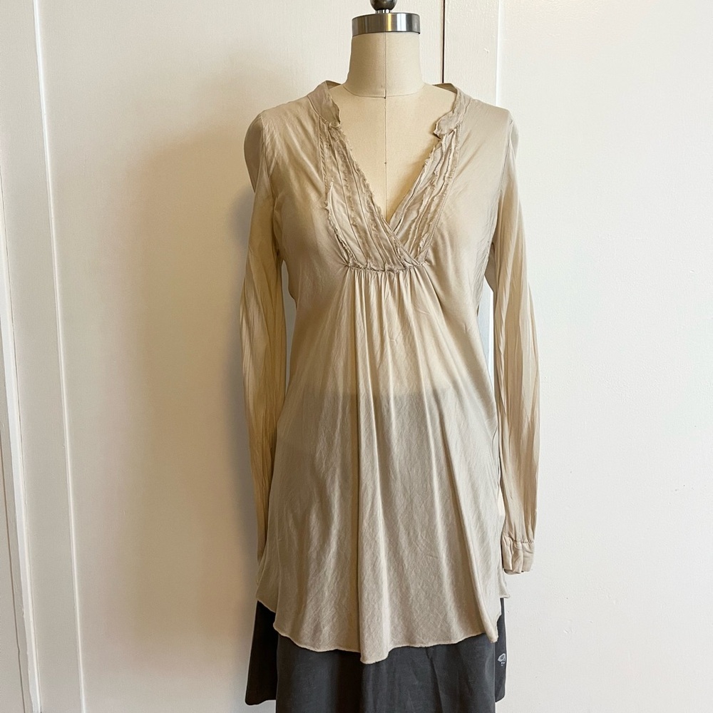 Italian Brand Kosmika Cream Pleated Long Sleeve Tunic Top